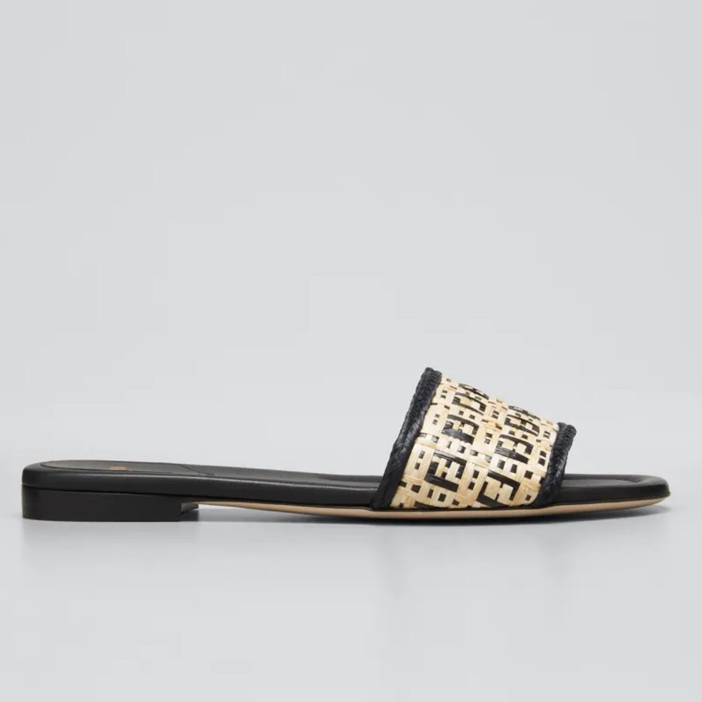 Fendi || FF Monogram Interlace Raffia Woven Slides Sandals Tan Black 39 - Picture 12 of 12